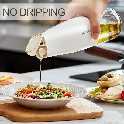 Automatic Opening and Closing Oil Pot for Kitchen-500ml/17oz Glass Olive Oil Dispenser Bottle Soy Sauce Vinegar Dispenser for BBQ Grill Frying (White)